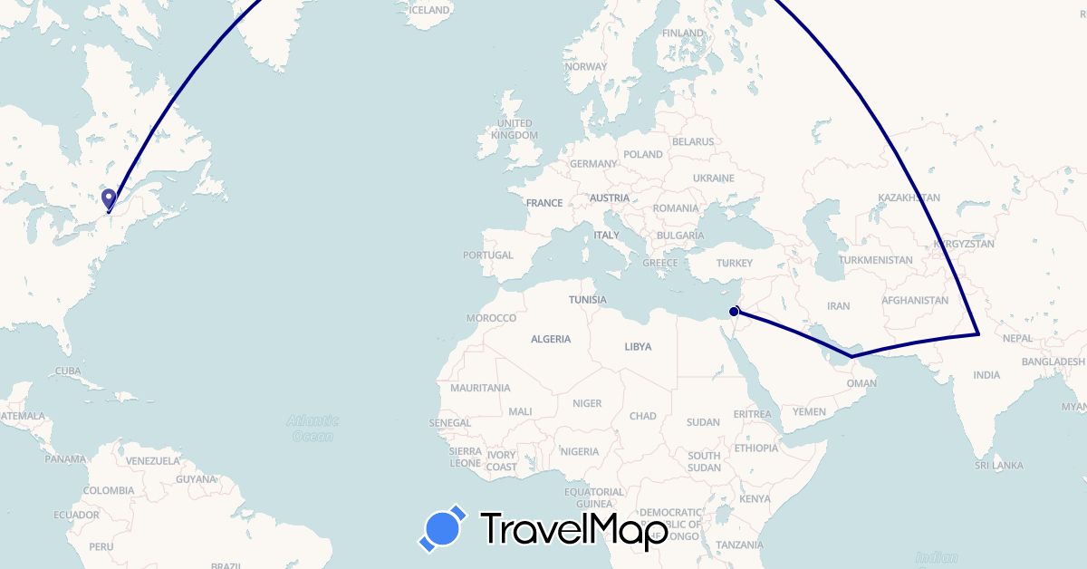 TravelMap itinerary: driving in United Arab Emirates, Canada, Israel, India, Jordan (Asia, North America)